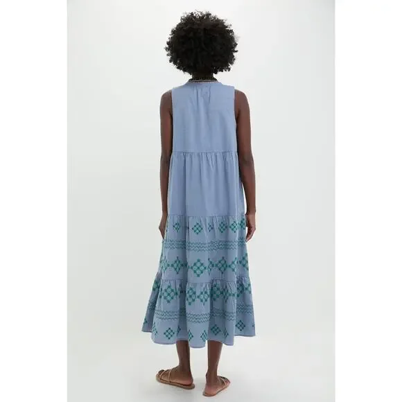 TUCKERNUCK BEACH Emerald Embroidered Chambray Salty Paloma Caftan Size M NWT - Picture 2 of 8